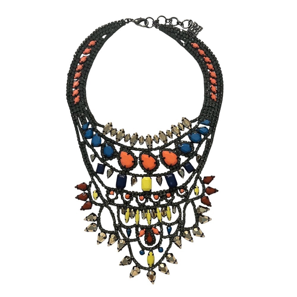 Multi-Color Statement Bib Necklace Gunmetal Rhinestone Tiered Resin Stone